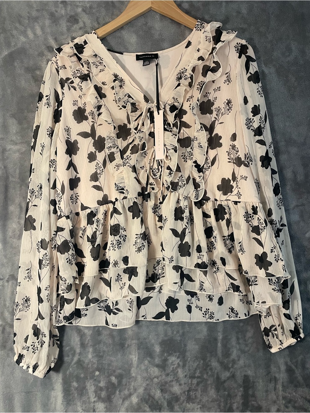 Ruffled Tie-Front Floral Blouse - Cream with Black Print